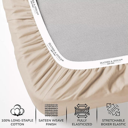 Feather & Stitch 500 TC Split King Size Sheet Set, 5 Piece Bed Sheets Set-2 Twin Fitted Sheet, 1 King Flat Sheet & 2 King Pillowcases, 18" Deep Pockets Sateen Weave Striped Bedsheet - Champagne Beige