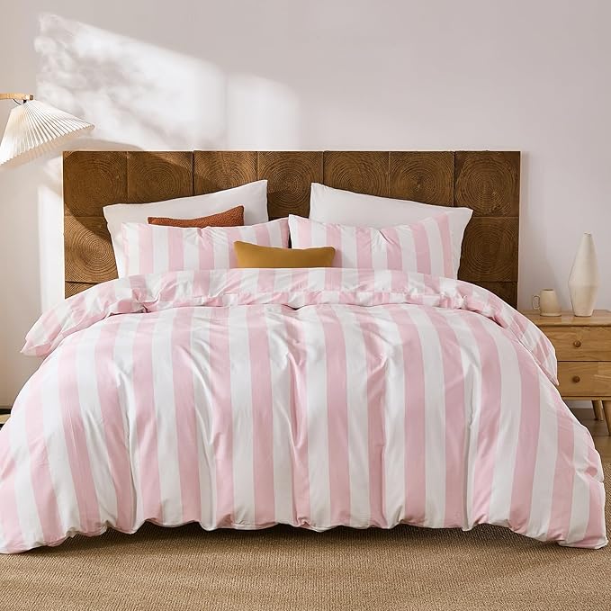 Merryword Pink and White Striped Duvet Cover Set Queen Size, 100% Cotton Bedding Set with Zipper Closure & 8 Corner Ties, Luxury Linen Like Bedding, Soft Breathable Comforter Cover for All Seasons