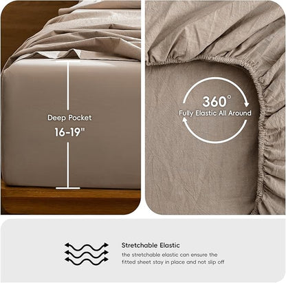 MooMee Bedding Sheet Set 100% Washed Cotton Linen Like Textured Breathable Durable Soft Comfy (Heathered Taupe, Queen)