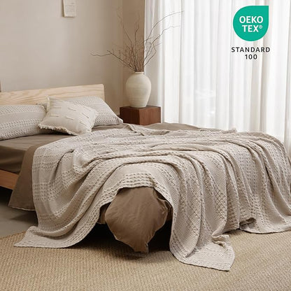 PHF 100% Cotton Waffle Weave Blanket Queen Size for Bed, Soft Lightweight & Breathable for Spring and Summer, All-Season Comfort, Luxury Aesthetic Blanket for Home Decor, 90"x90", Light Taupe/Oatmeal