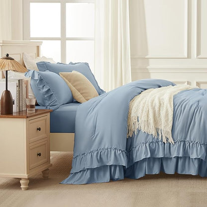 Andency Grayish Blue Queen Comforter Set, 3 Pieces Farmhouse Shabby Chic Ruffle Bedding Comforter Sets, All Season Lightweight Fluffy Soft Polyester Bed Set for Boys, Men, Adults (90x90Inch)