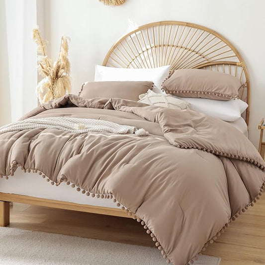 YIRDDEO King Size Comforter Set - King Size Comforter with Ball Pom Fringe, Soft King Bedding Set for All Seasons - 3 Pieces, 1 Comforter (104"x90"inches) & 2 Pillow Shams(20"x36"), Taupe