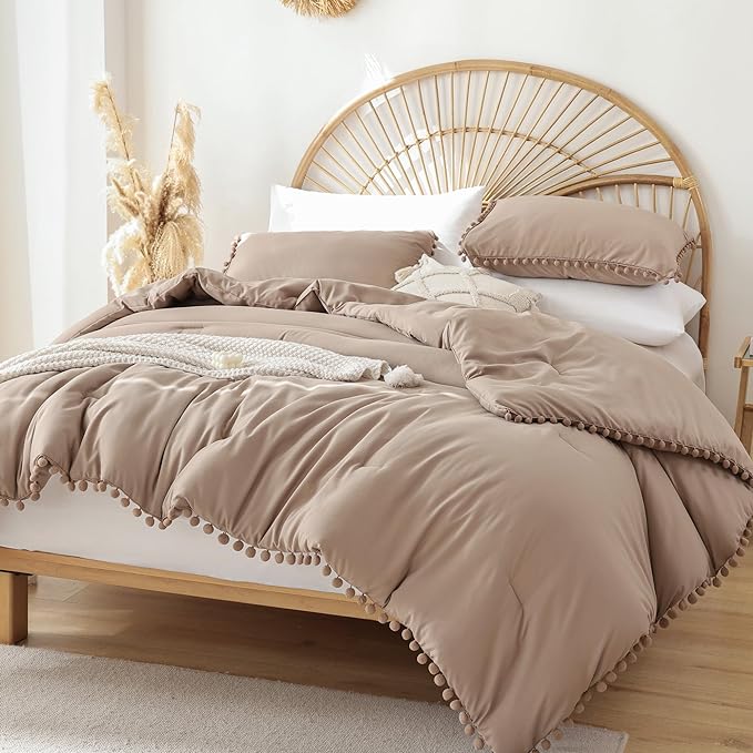 YIRDDEO Queen Comforter Set - Comforter Queen Size Sets with Ball Pom Fringe, Soft Bedding Set for All Seasons - 3 Pieces, 1 Comforter (90"x90") & 2 Pillow Shams (20"x26"), Taupe