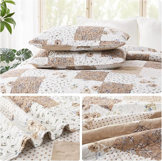 VIVILINEN Full Queen Size Brown Floral Plaid Patchwork Quilt Set Reversible Quilted Bedspread Coverlet Set 3-Piece Comforter Bedding Set Bed Cover with 2 Pillow Shams
