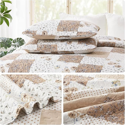 VIVILINEN Full Queen Size Brown Floral Plaid Patchwork Quilt Set Reversible Quilted Bedspread Coverlet Set 3-Piece Comforter Bedding Set Bed Cover with 2 Pillow Shams