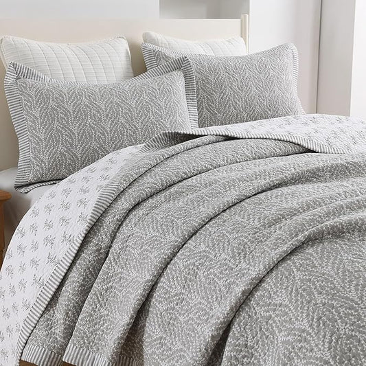 SahSahCasa Quilt Set Queen Size, 100% Cotton Quilt Bedding Set Bedspread, Botanical Pattern Solid Color Chic Lightweight Quilted Comforter for Queen Bed, White/Gray, All Season, 3 Pieces