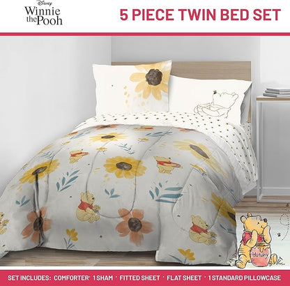 Jay Franco Disney Winnie The Pooh Twin Comforter Set - 5 Piece Bedding Includes Sheet Set & Pillow Covers - Super Soft Cozy Floral Bedding
