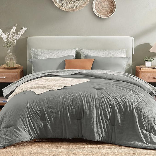 Monbix Full Size Comforter Set - 7 Pieces Granite Grey Prewashed Bed in a Bag Full Bedding Sets with Comforters, All Seasons Ultra Soft Comforter Bed Set with Sheets,Pillowcases & Shams