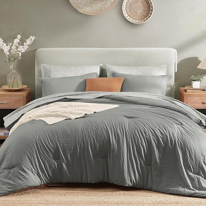 Monbix King Size Comforter Set - 7 Pieces Granite Grey Prewashed Bed in a Bag King Bedding Sets with Comforters, All Seasons Ultra Soft Comforter Bed Set with Sheets,Pillowcases & Shams