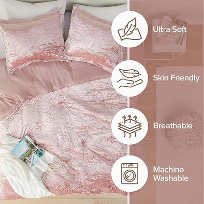 Comfort Spaces Juliette Luxe Comforter Set Velvet Lush with Soft Brushed Microfiber Reverse, All Season Cozy Velvet Bedding Sets, Fluffy Comforter Bed Set, Matching Sham, Blush Twin/Twin XL 2 Piece