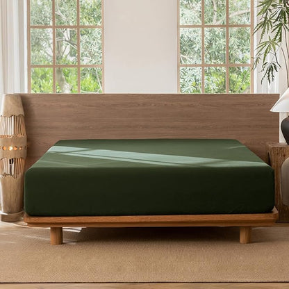 MooMee Fitted Bottom Sheet Only 100% Washed Cotton Linen Like Textured Breathable Durable Soft Comfy Deep Pocket Fits Mattress up to 17" (Forest Green, Twin)
