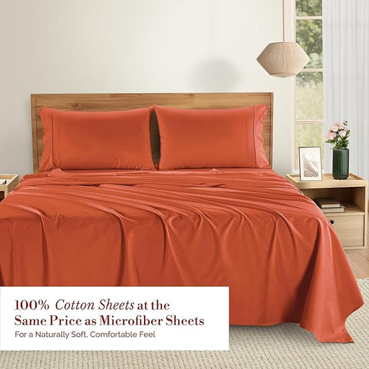 Casa Platino 100% Cotton Sheets Twin – Breathable Crisp Percale Twin Mattress Sheets with 2 Pillowcases, 15" Deep Pocket Fitted Sheet, Ultra Soft & Cozy Feel for Great Nights Sleep – Rust