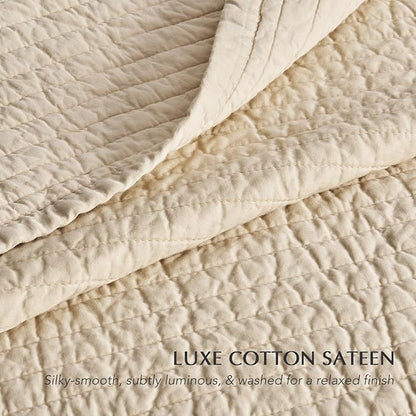 EVERGRACEHOME Cotton Sateen Quilt Set Queen Size, Pre-Washed Cotton Channel Stitch Coverlet Bedspread, 3 Pieces Lightweight Soft Bedding Sets for All Season, with 2 Pillow Shams, Light Sand
