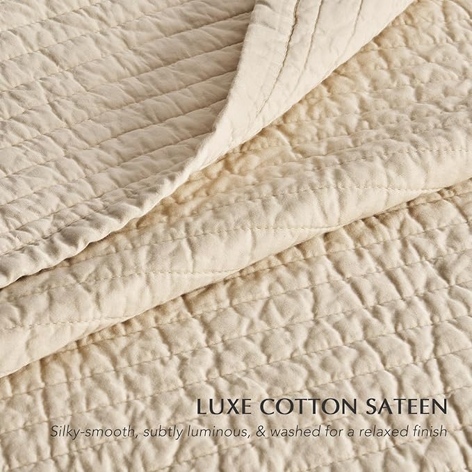 EVERGRACEHOME Cotton Sateen Quilt Set King Size, Pre-Washed Cotton Channel Stitch Coverlet Bedspread, 3 Pieces Lightweight Soft Bedding Sets for All Season, with 2 Pillow Shams, Light Sand
