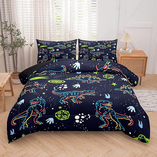 NINENINE Dark Blue Dinosaur Bedding Sets for Kids Boys,Retro Dinosaur Bedding Comforter,Full Size Bedding Sets for Boys Kids, with 1 Comforter 2 Pillowcases