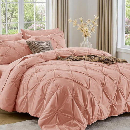 Sasttie Queen Comforter Set, 7-Piece Bed in a Bag, Pintuck Bedding Sets for All Season, Includes Comforter, Flat Sheet, Fitted Sheet, Pillowcases and Pillowshams, Blush
