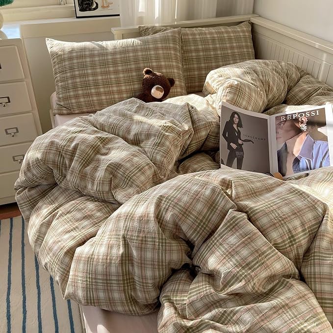 MKXI Pistachio and Pink Plaid Duvet Cover Queen, 3-Piece Vintage Aesthetic Bedding Set, 100% Washed Cotton, Breathable & Lightweight Reversible Design with Zipper Closure