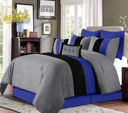 Chezmoi Collection Loft 8-Piece King Comforter Set, Gray/Blue/Black Luxury Striped Bedding for All Season