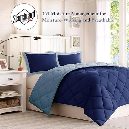 Madison Park - BASI10-0199 Larkspur All Season Reversible Two Sides Down Alternative Set 3M Stain Release Comforters, Full/Queen, Navy/Light Blue