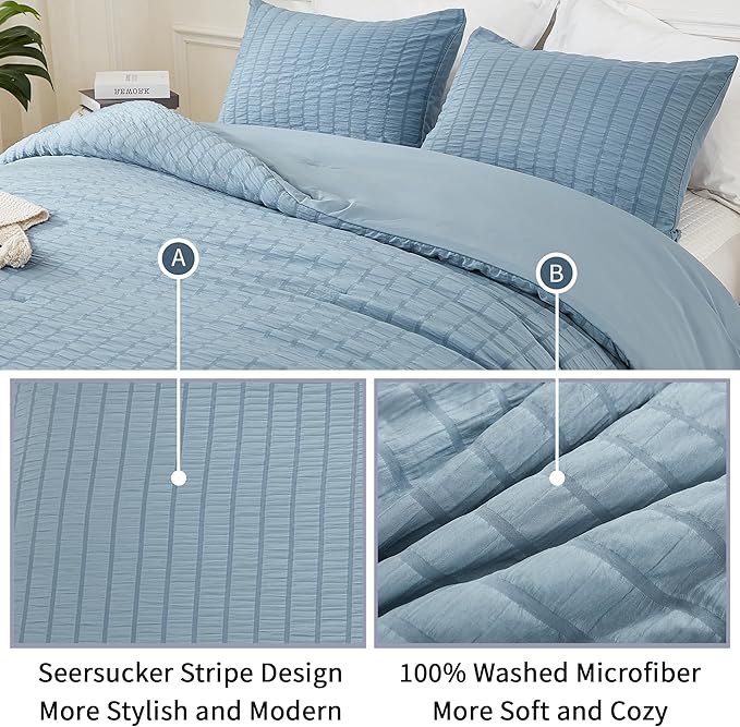 AveLom Seersucker King Comforter Set - 104x90, Grayish Blue, 3 Pieces - Machine Washable