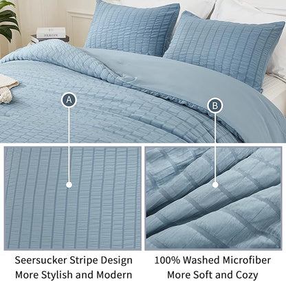 AveLom Grayish Blue Seersucker California King Comforter Set (104x96 inches), 3 Pieces-100% Soft Washed Microfiber Lightweight Comforter with 2 Pillowcases, All Season Down Alternative Bedding Set