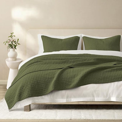 Wonderful Cotton Blended Jersey Knit Queen Quilt, Stitch Bedding Heather Dark Green Quilt with 2 Pillow Shams, Cloud Bedpsread, All-Season Coverlet, 94"x94"
