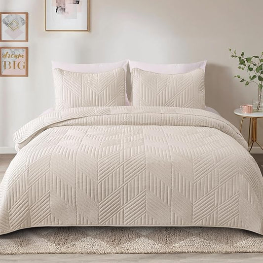 Exclusivo Mezcla Ultrasonic Full Queen Quilt Bedding Set, Lightweight Brich Beige Bedspreads Soft Modern Geometric Coverlet Set for All Seasons (1 Quilt and 2 Pillow Shams)