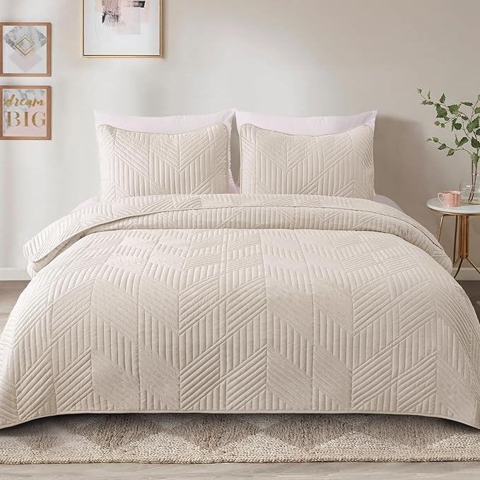 Exclusivo Mezcla Ultrasonic Twin Quilt Bedding Set, Lightweight Brich Beige Bedspreads Soft Modern Geometric Coverlet Set for All Seasons (1 Quilt and 1 Pillow Sham)