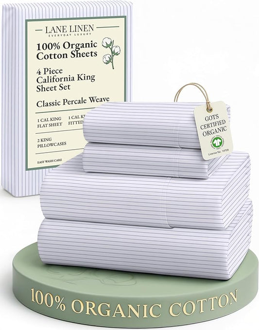 LANE LINEN 100% Organic Cotton Printed California King Sheets Set, 4-Piece All Season Fully Elasticized Deep Pocket Fits Mattress Upto 15", Mercerized Printed Cal King Sheet Set -Ticking Stripe Blue