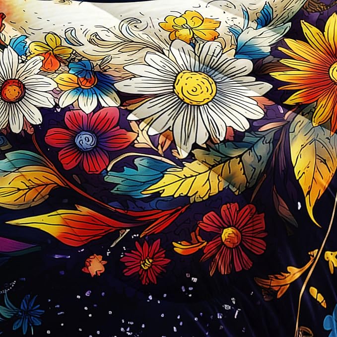 Bedding Sun and Moon Set Queen Size,Colorful Flowers Bohemian Exotic Gothic Comforter Sets for Kids Teens Girls Room Decor,Universe Galaxy Bedding with 2 Pillowcases.
