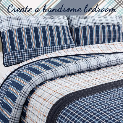 Cozy Line Home Fashions Bennett Quilt Bedding Set, Nautical Navy Orange Grid Striped 100% Cotton Reversible Coverlet Bedspread for Boy (Navy Orange, Twin - 2 Piece)