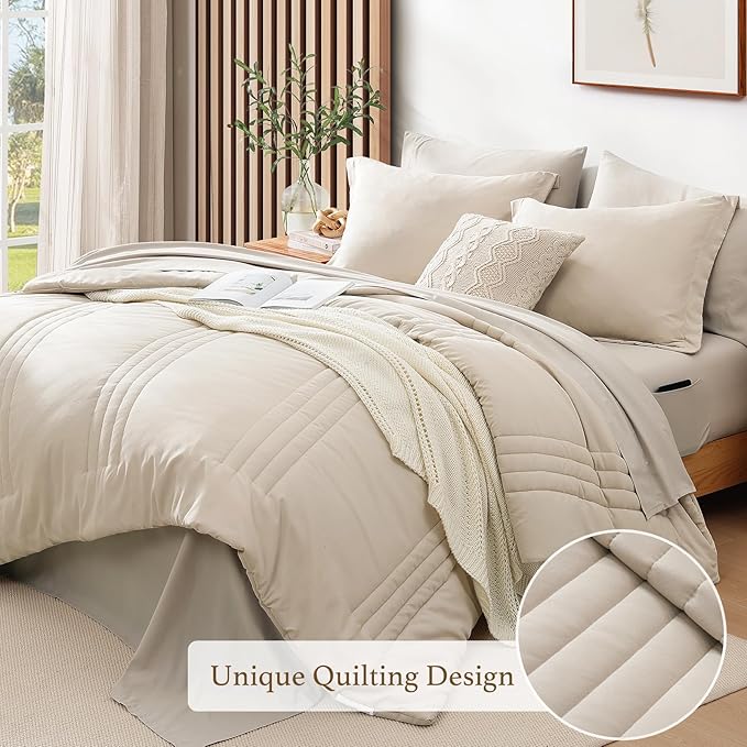 Monbix Oversized Queen Comforter Set - 7 Pieces Apricot Beige Bed in a Bag Oversized Queen Bedding Sets with Comforters, All Seasons Comforter Bed Set with Sheets,Pillowcases & Shams