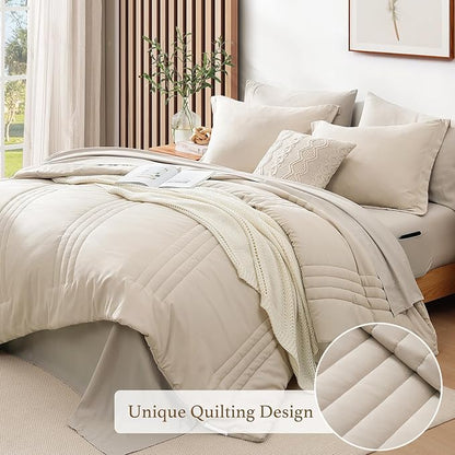 Monbix Oversized King Size Comforter Set - 7 Pieces Apricot Beige Bed in a Bag Oversized King Bedding Sets with Comforters, All Seasons Comforter Bed Set with Sheets, Pillowcases & Shams