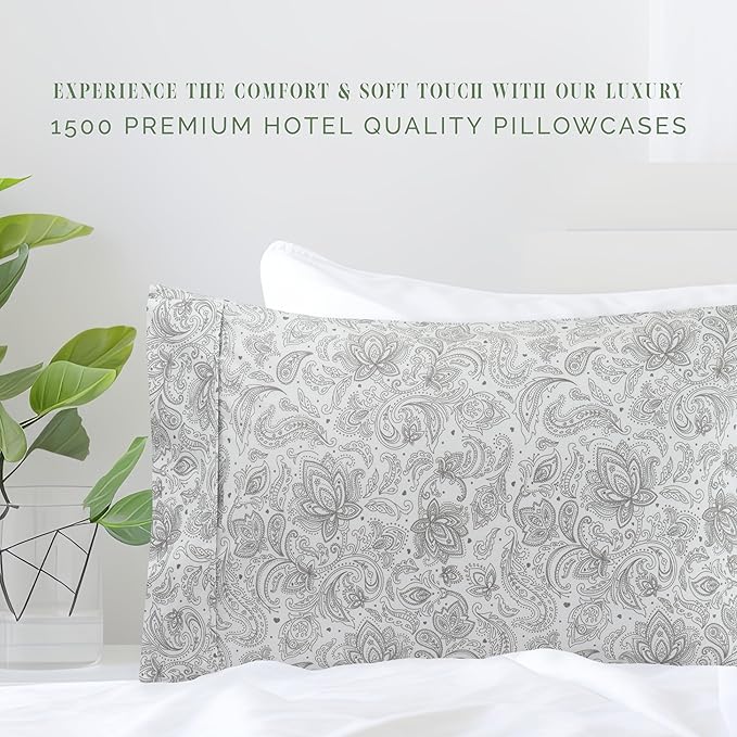 Elegant Comfort Ultra Soft Set of 2 Floral Print Pillowcases - 1500 Premium Hotel Quality Microfiber, Soft and Smooth Envelope Closure 2-Piece Pillow Covers - Standard/Queen, Paisley Gray