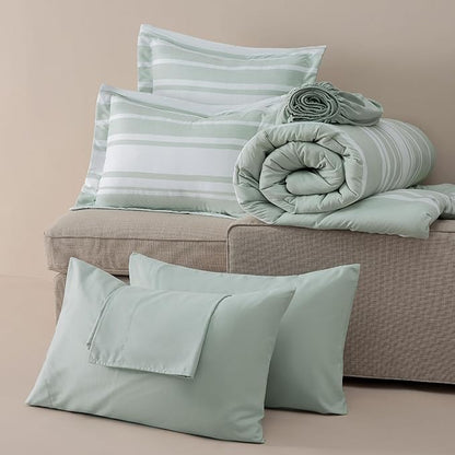 Bedsure Queen Comforter Set 7 Pieces, Sage Green Striped Bedding Set for All Seasons, Reversible, Cationic Dyeing Bed in a Bag with Comforter, Sheets, Pillowcases & Shams