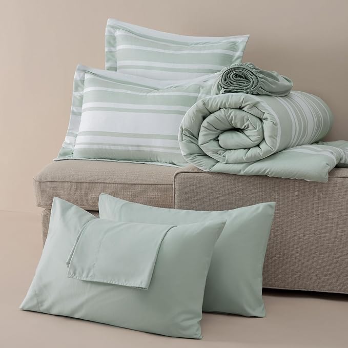 Bedsure King Comforter Set 7 Pieces, Sage Green Striped Bedding Set for All Seasons, Reversible, Cationic Dyeing Bed in a Bag with Comforter, Sheets, Pillowcases & Shams