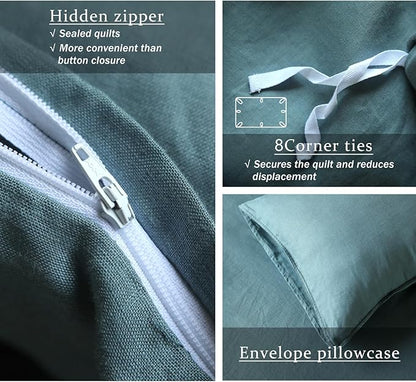 XZ XIFA Blue Linen Duvet Cover King, 100% Washed French Flax Linen Bedding with Zipper Closure, Cooling for Hot Sleepers, Textured Bed Sets - 1 Duvet Cover and 2 Pillowcases