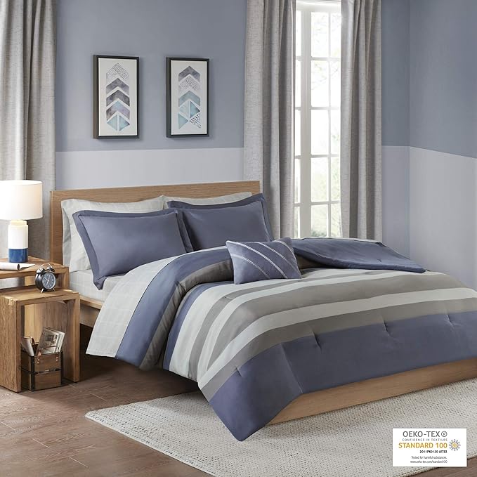 Intelligent Design Marsden Comforter Stripes Design Embroidered Toss Pillow Casual All Season Bedding Matching Sham and Complete Sheet Set, Twin, Blue/Grey 6 Piece