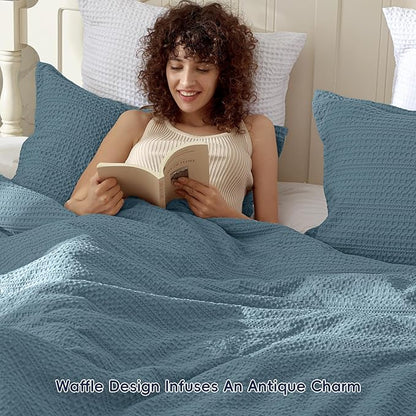 PHF Soft Waffle Comforter Set King Size- Comfy Breathable Waffle Weave Comforter with 2 Pillow Shams, 3 Pieces Less Snagging Lightweight Textured Bedding Set for All Season, Stormy Blue