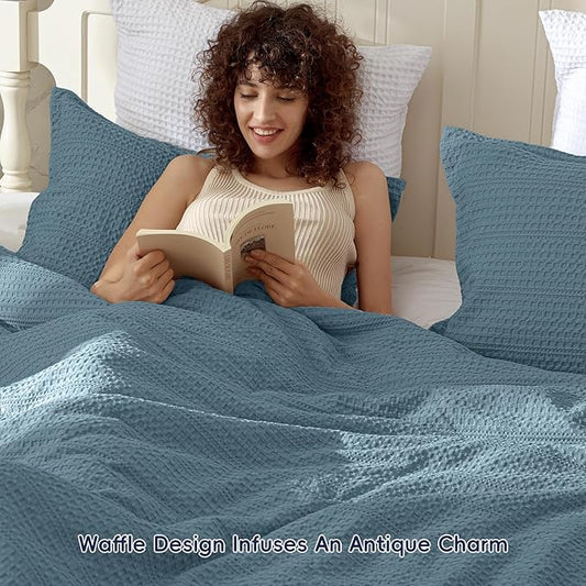 PHF Soft Waffle Comforter Set King Size- Comfy Breathable Waffle Weave Comforter with 2 Pillow Shams, 3 Pieces Less Snagging Lightweight Textured Bedding Set for All Season, Stormy Blue