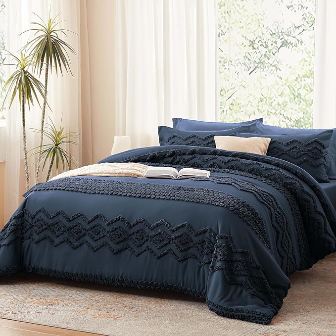 Luxudecor Navy Blue Boho Tufted Comforter Set Full Size 3 Pieces Boho Shabby Chic Comforter Farmhouse Embroidery Bedding Set Soft Comforter for All Seasons (Navy Blue, 80''x90'')