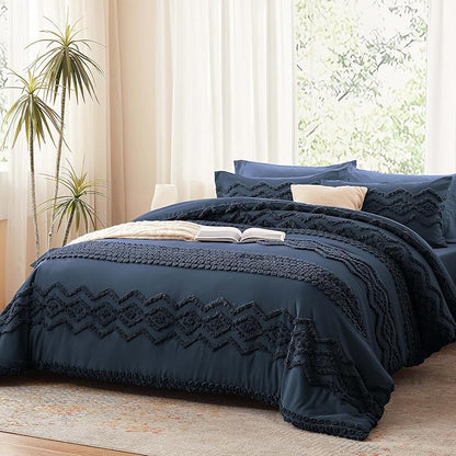 Luxudecor Navy Blue Boho Tufted Comforter Set King Size 3 Pieces Boho Shabby Chic Comforter Farmhouse Embroidery Bedding Set Soft Comforter for All Seasons (Navy Blue, 104''x90'')