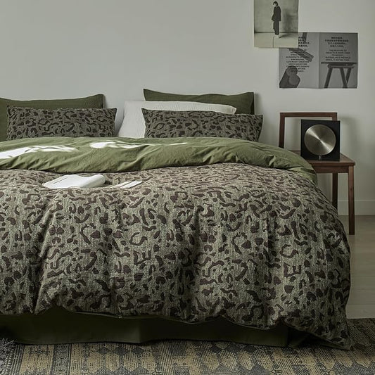 mixinni Leopard Duvet Cover Full Size, Premium Yarn-Dyed Jacquard Cotton Duvet Cover with Green Leopard Print, Farmhouse Bedding Set with 2 Pillowcases Perfect for Him and Her-(Full Size, Green)