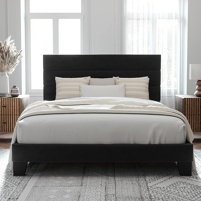 Allewie Queen Size Platform Bed Frame with Velvet Upholstered Headboard | Wooden Slats Support, Fully Upholstered Mattress Foundation, No Box Spring Needed, Easy Assembly, Noise-Free, Black