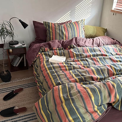 mixinni Vintage Striped Duvet Cover Set Twin Size - 3 Piece 100% Washed Cotton Bedding Set, Soft & Breathable, Colorful Striped Pattern Printed Comforter Cover for All Seasons