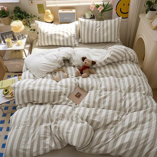 Tan Striped King Size Comforter Set Fluffy Down Alternative Bedding Set Light Brown Boho Cozy Cute Bedding Comforter Sets Soft All Season Farmhouse Breathable Bed Comforter with 2 Pillowcases