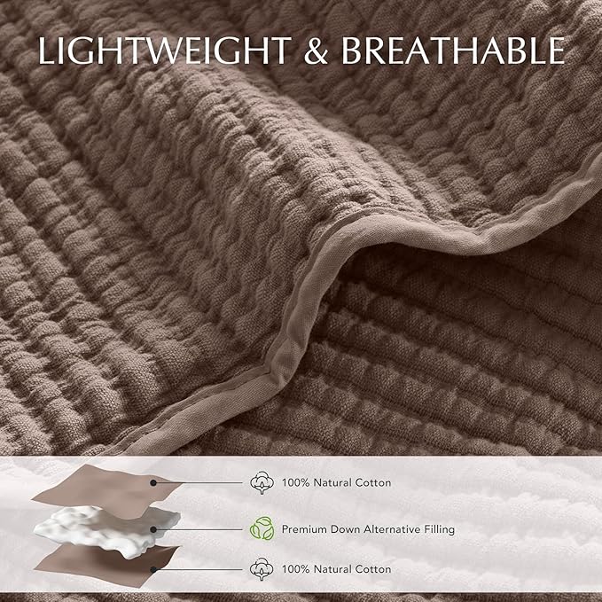 EVERGRACEHOME Cotton Coverlet Set Full Queen Size 3 Pieces, Lightweight Soft Ribbed Matelassé Bedspread Quilt Set, Cozy Oversized Quilted Bedding Set with 2 Pillow Shams for All Seasons, Mocha Brown