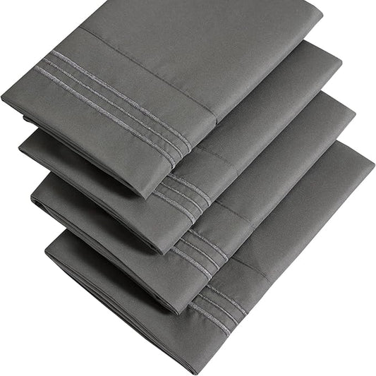 YIYEA Pillow Cases Standard Size Set of 4, Ultra Soft 1800TC Hotel Quality Double Brushed Microfiber Embroidered Pillowcases, Envelope Closure, Fade Resistant (20"x26", Dark Grey)