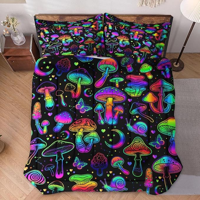 King Size Comforter Set with 2 Pillowcases, Summer Halloween Mushroom Neon Soft 3 Pcs Bedding for Kids and Adults Bedroom Bed Decor