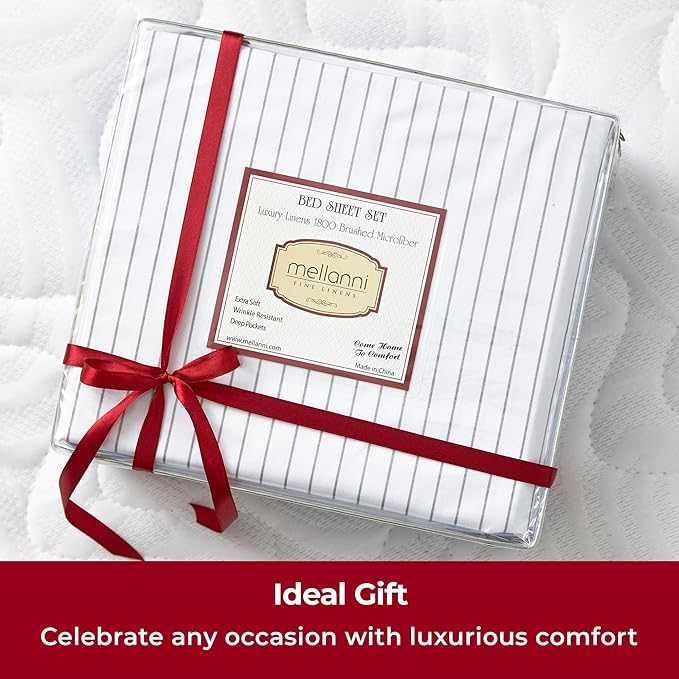Mellanni King Sheets Set - 4 PC Iconic Collection Bedding - Hotel Luxury, Extra Soft, Cooling Bed Sheets - Wrinkle, Fade, Stain Resistant (King, Pinstripe Gray)